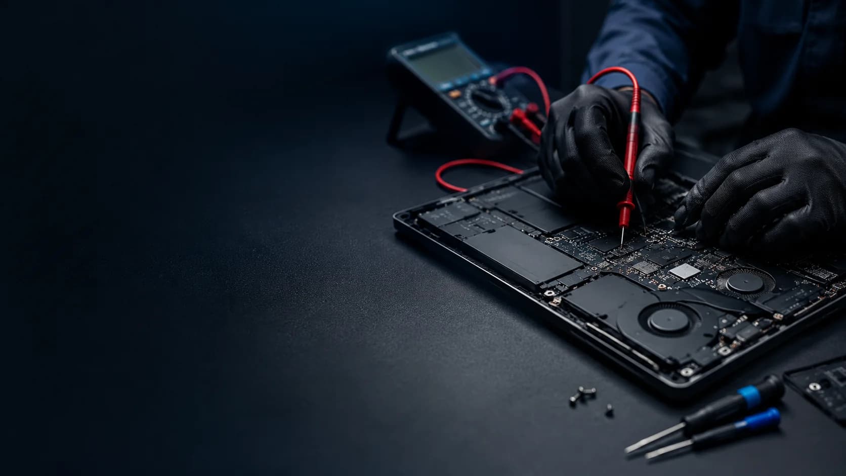 Technician carrying out precision laptop motherboard repair